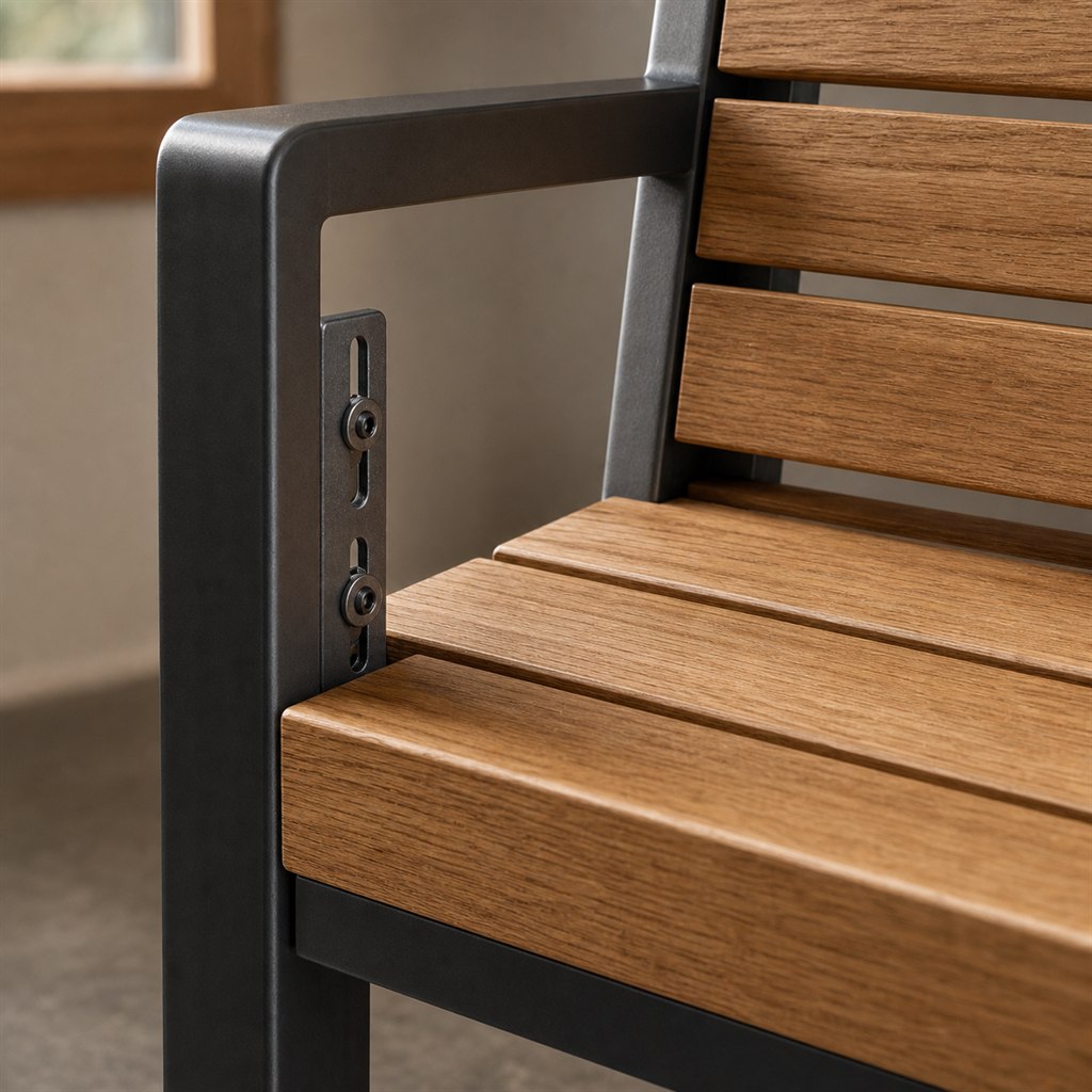 Industrial Loveseat With Oak Slats and Steel Arms - wood-to-steel interface detail