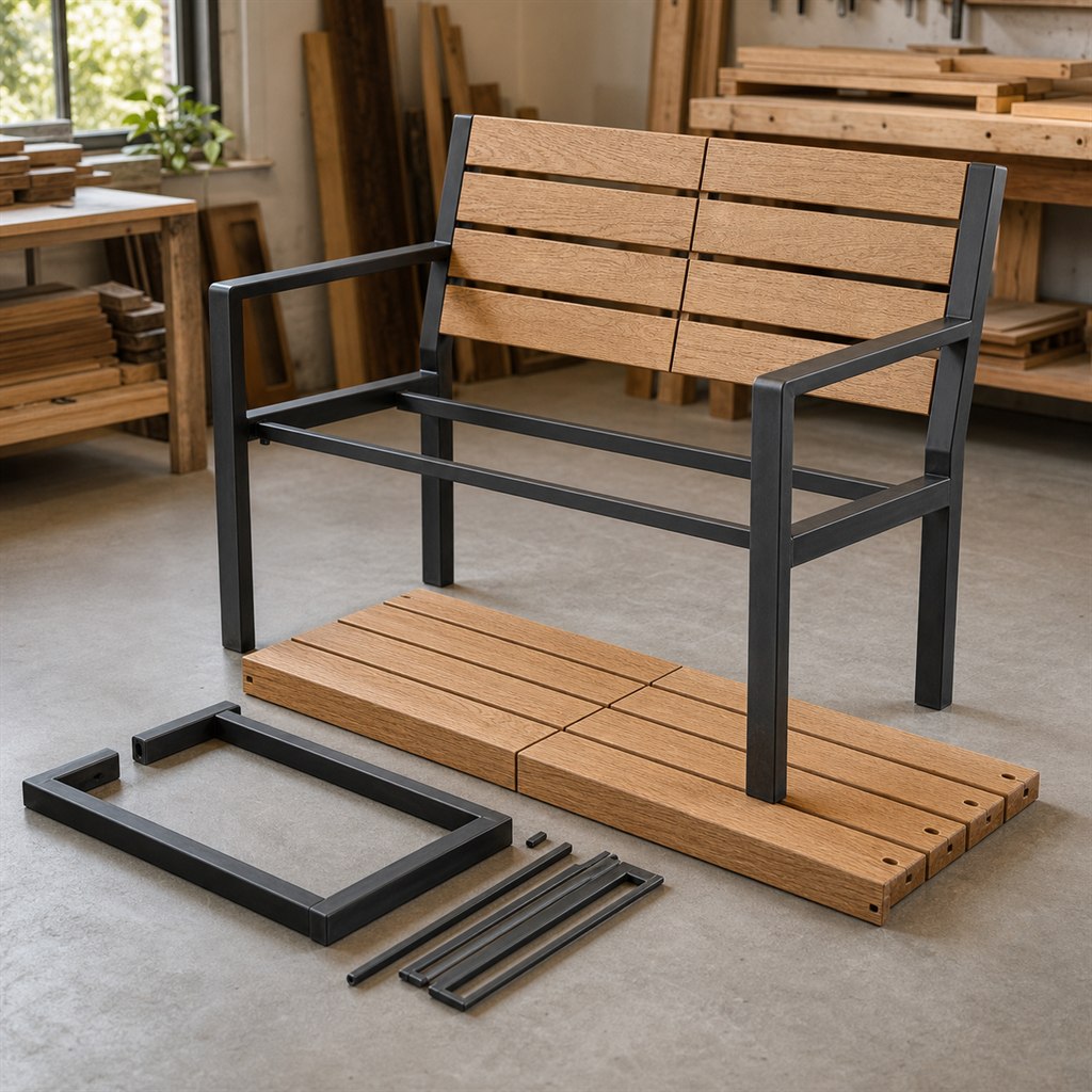 Industrial Loveseat With Oak Slats and Steel Arms - workshop dry-assembly view