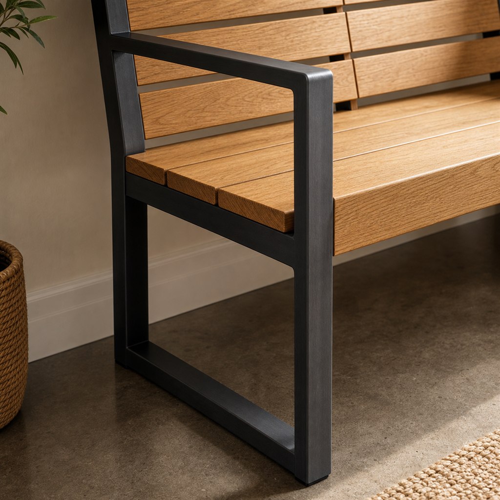 Industrial Loveseat With Oak Slats and Steel Arms - finished material detail