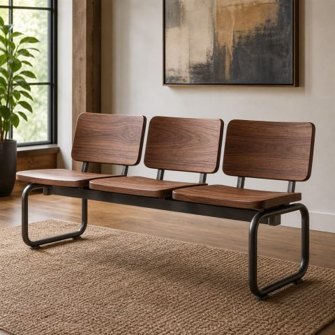 Modular Waiting Bench With Wood Seats and a Steel Beam