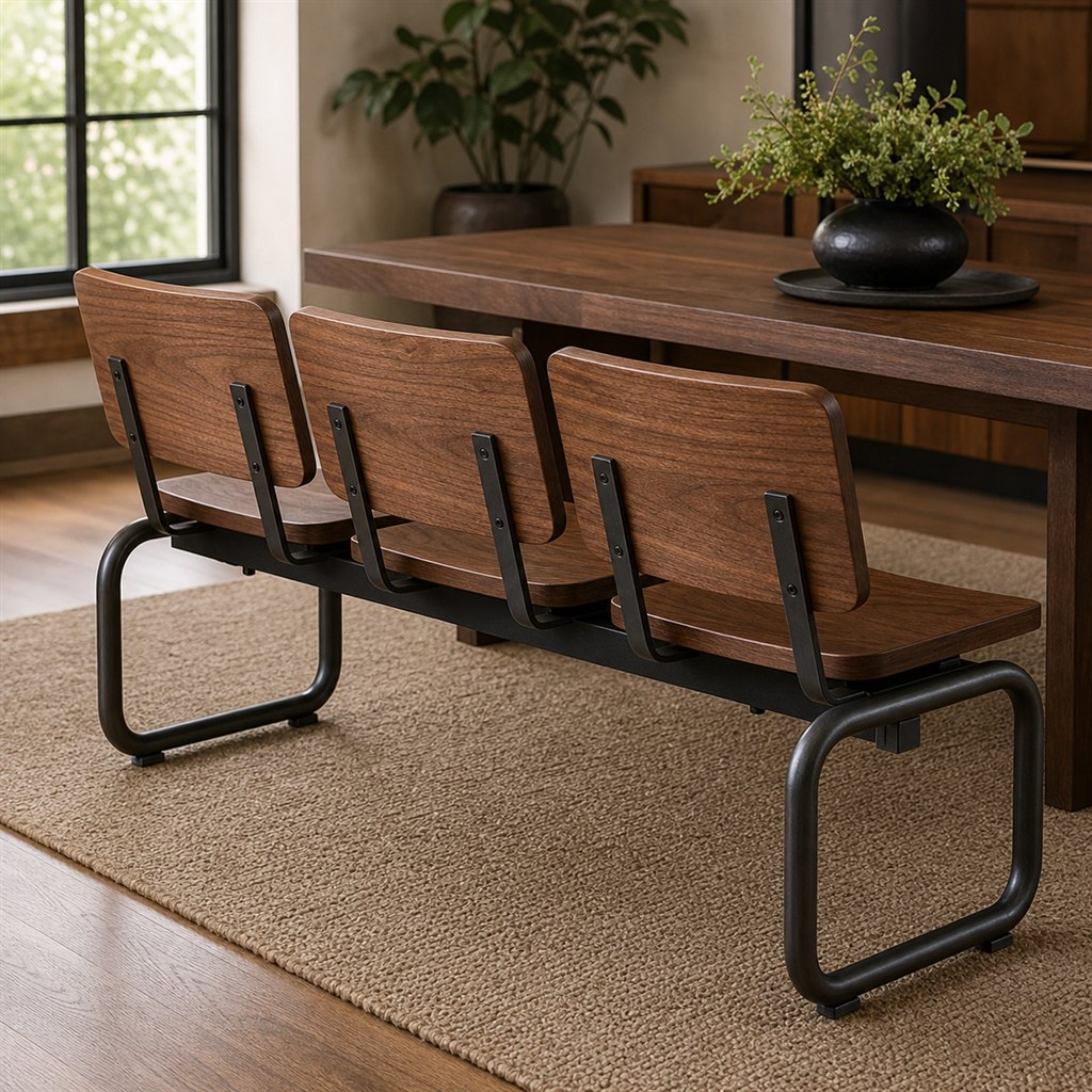 Modular Waiting Bench With Wood Seats and a Steel Beam - alternate full view