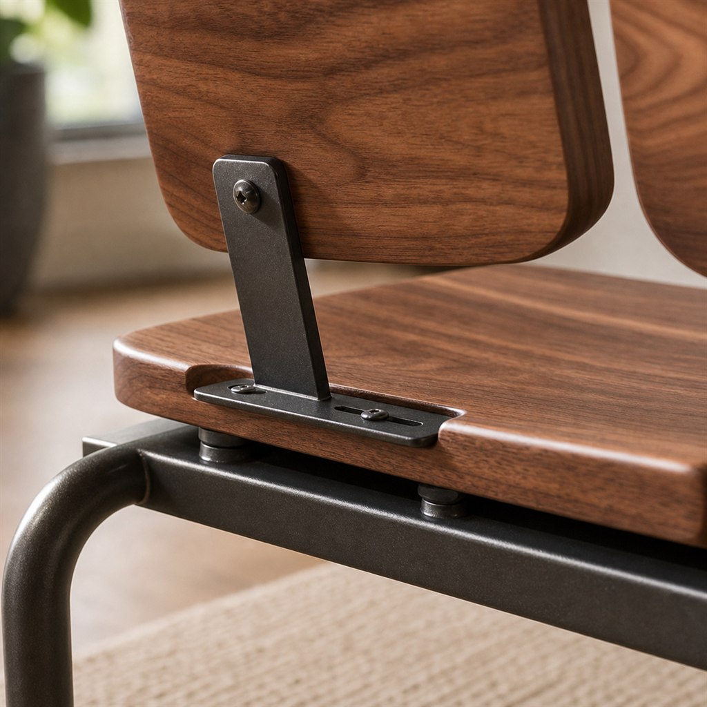 Modular Waiting Bench With Wood Seats and a Steel Beam - wood-to-steel interface detail