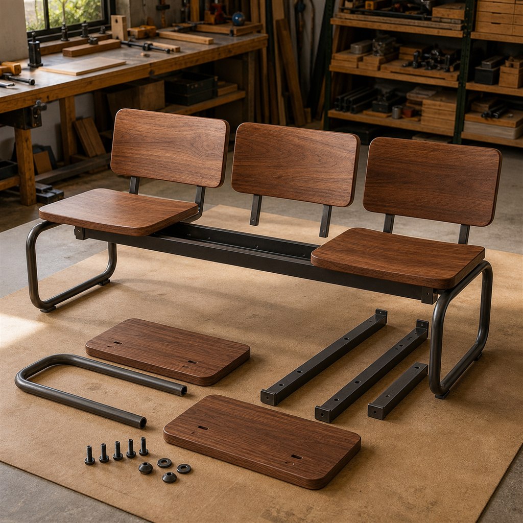 Modular Waiting Bench With Wood Seats and a Steel Beam - workshop dry-assembly view