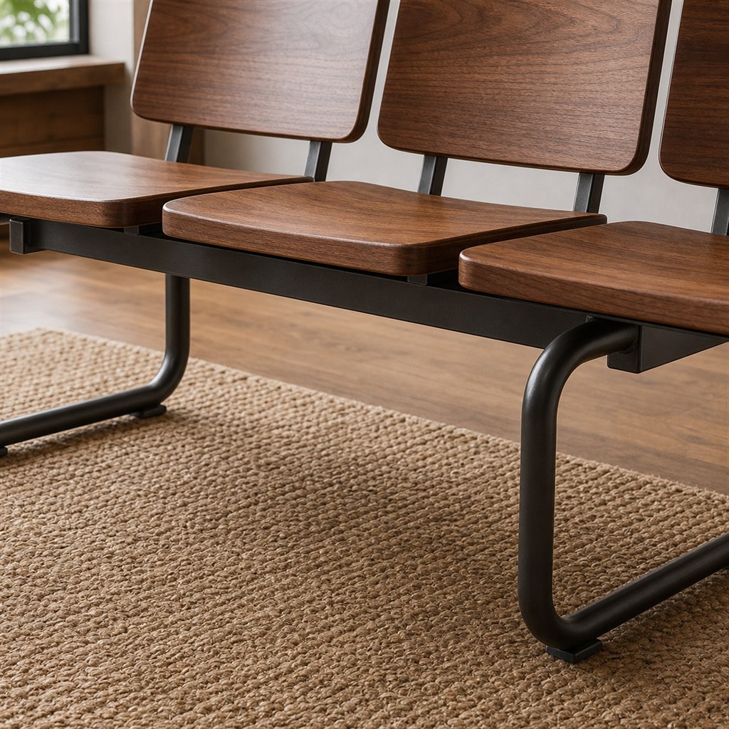 Modular Waiting Bench With Wood Seats and a Steel Beam - finished material detail