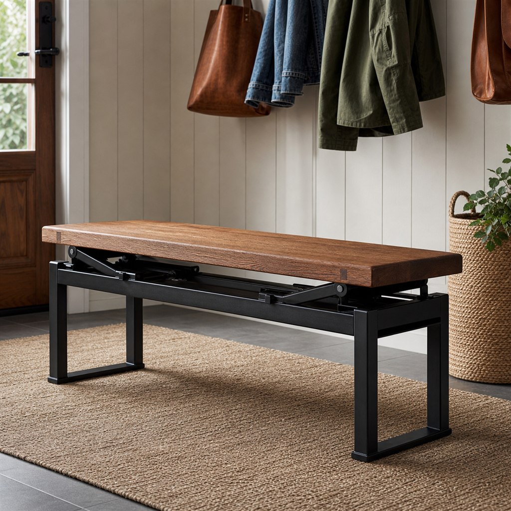 Piano Bench With an Adjustable Steel Mechanism and Oak Top - alternate full view