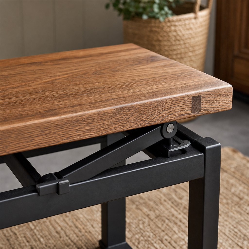 Piano Bench With an Adjustable Steel Mechanism and Oak Top - wood-to-steel interface detail