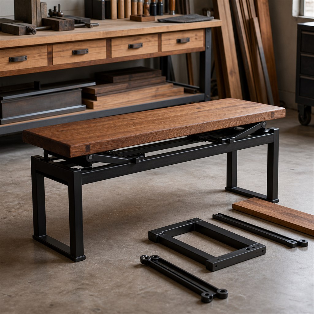 Piano Bench With an Adjustable Steel Mechanism and Oak Top - workshop dry-assembly view