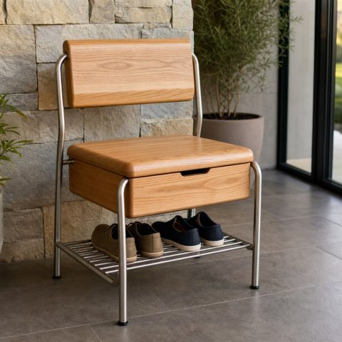 Shoe-Changing Bench With a Lift-Up Seat and Steel Rack