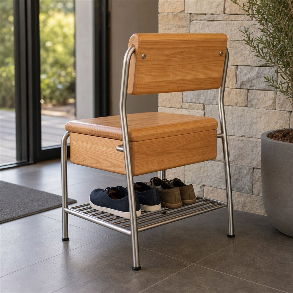 Shoe-Changing Bench With a Lift-Up Seat and Steel Rack - alternate full view