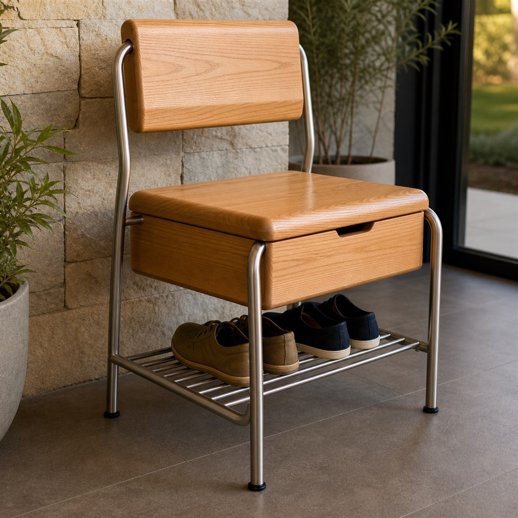 Shoe-Changing Bench With a Lift-Up Seat and Steel Rack - steel-frame detail
