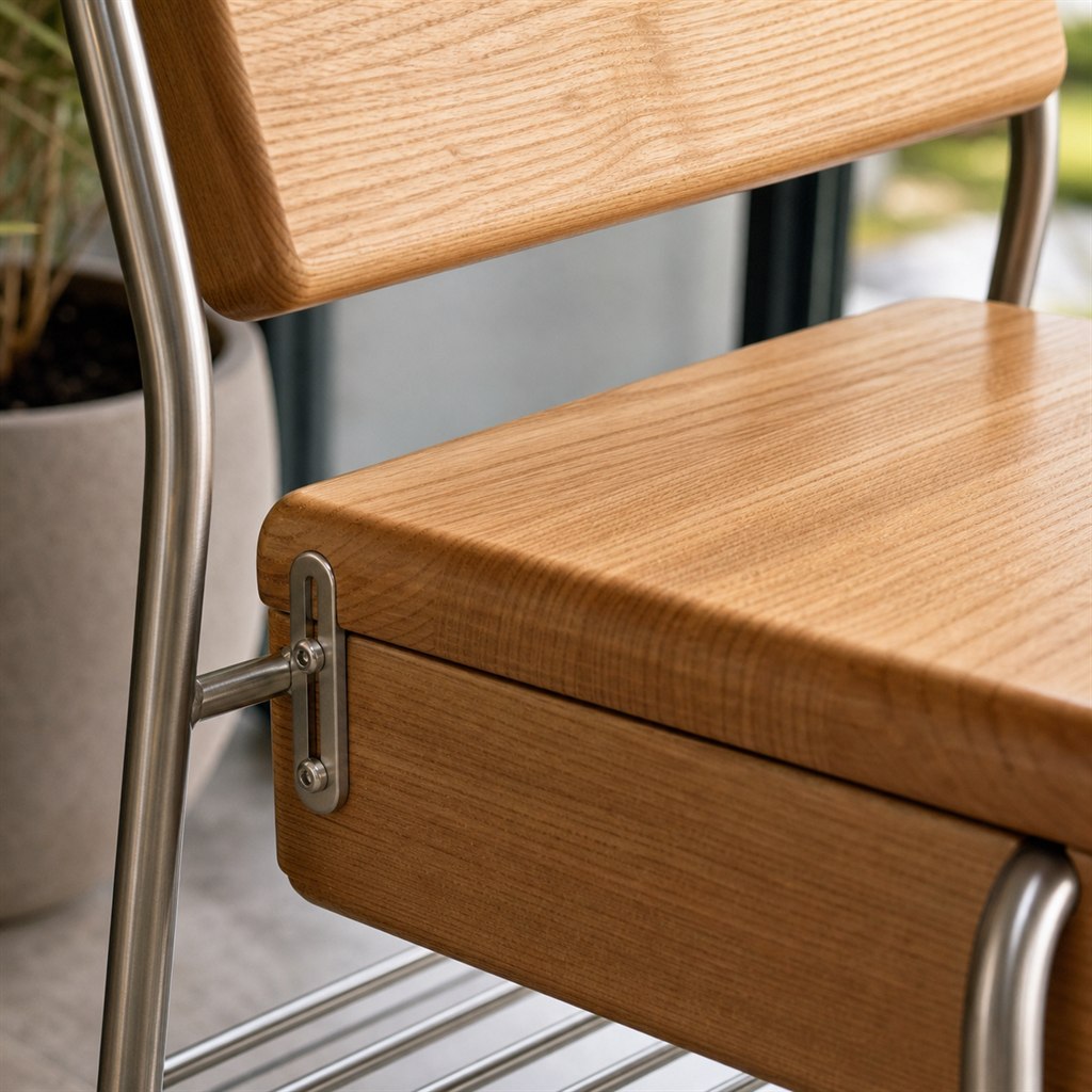 Shoe-Changing Bench With a Lift-Up Seat and Steel Rack - wood-to-steel interface detail