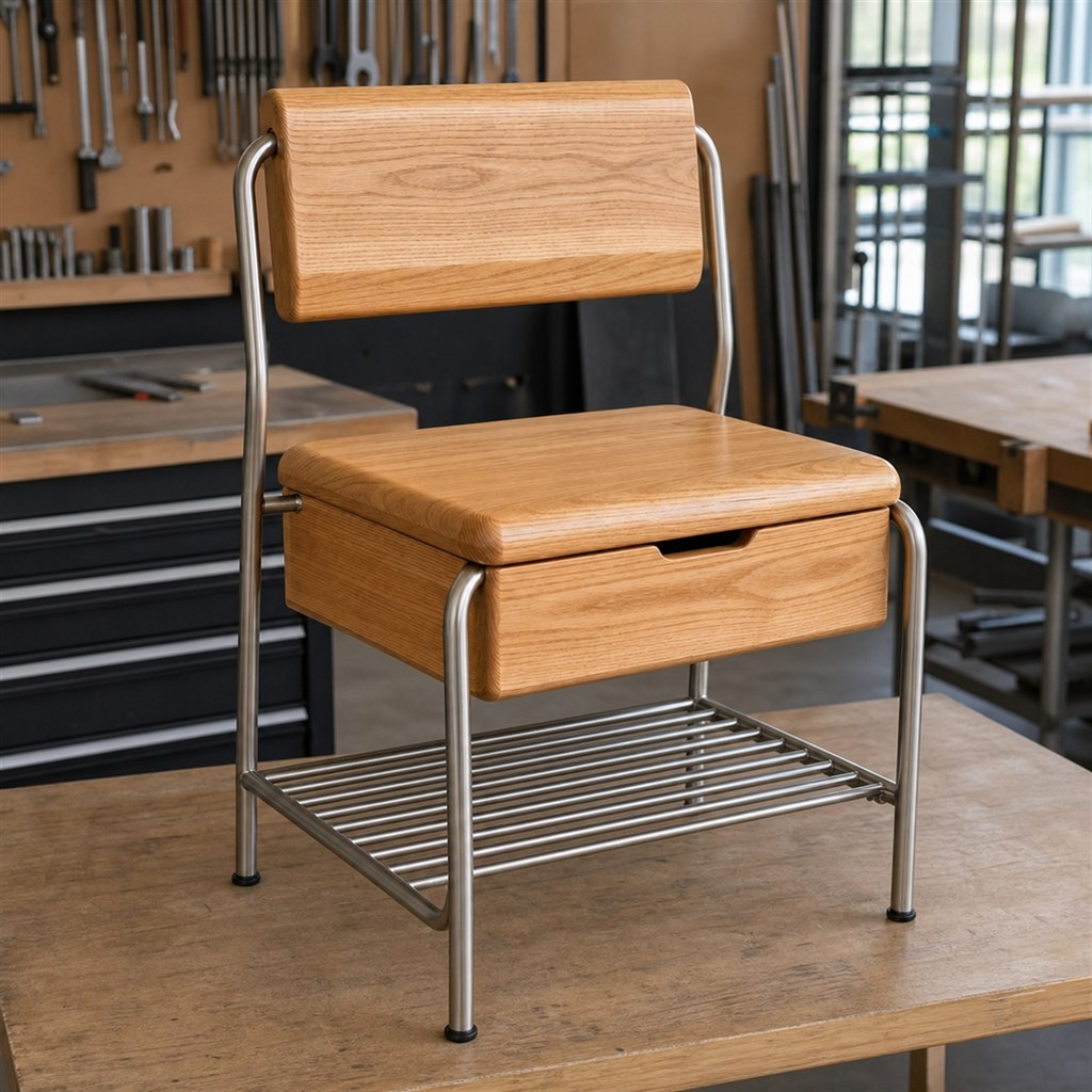 Shoe-Changing Bench With a Lift-Up Seat and Steel Rack - workshop dry-assembly view