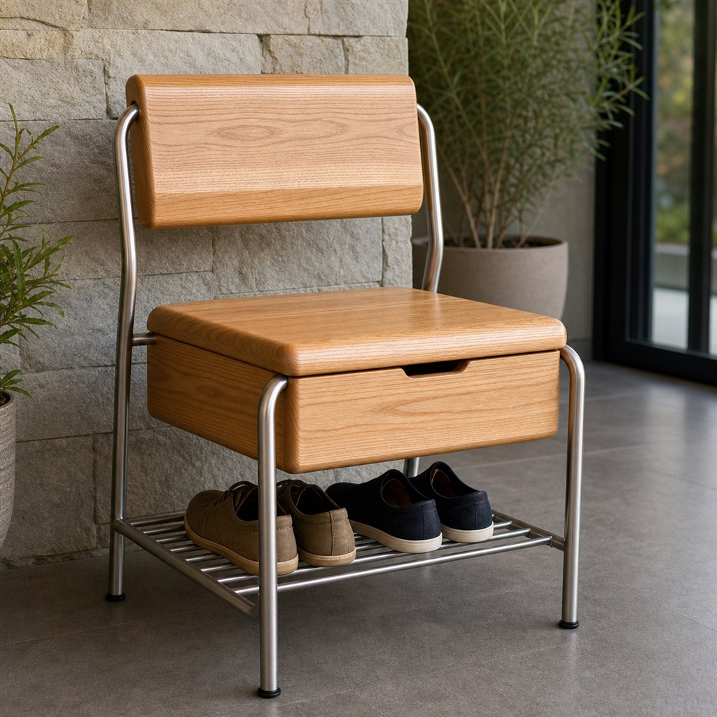 Shoe-Changing Bench With a Lift-Up Seat and Steel Rack - finished material detail
