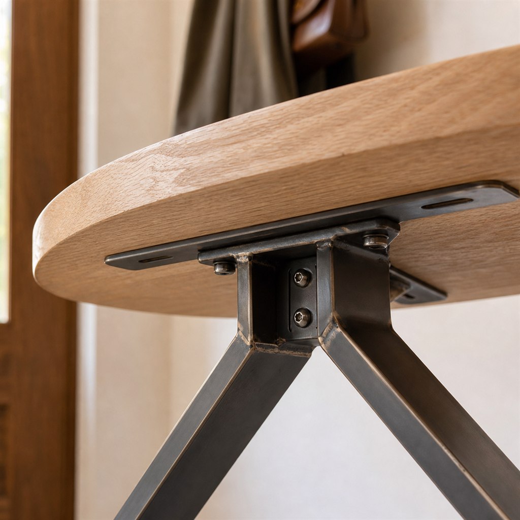 Entry Stool With a Round Ash Seat and Tripod Steel Base - wood-to-steel interface detail