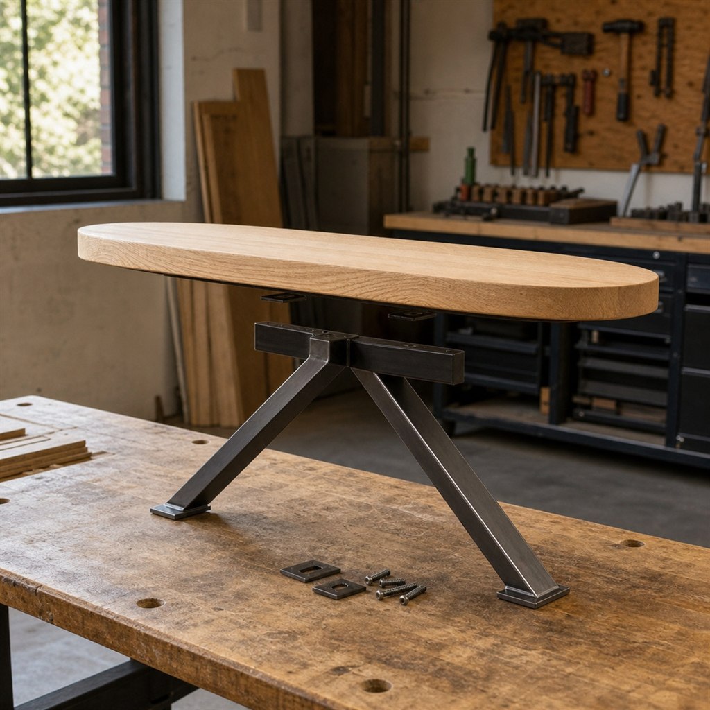 Entry Stool With a Round Ash Seat and Tripod Steel Base - workshop dry-assembly view