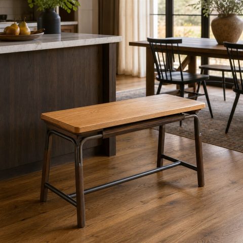 Counter Bench With an Oak Top and Steel Foot Rail