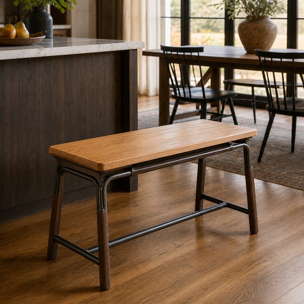 Counter Bench With an Oak Top and Steel Foot Rail - alternate full view