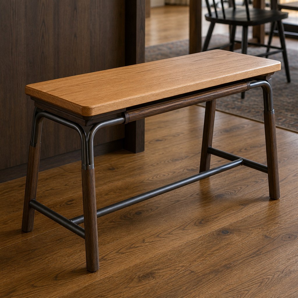 Counter Bench With an Oak Top and Steel Foot Rail - steel-frame detail