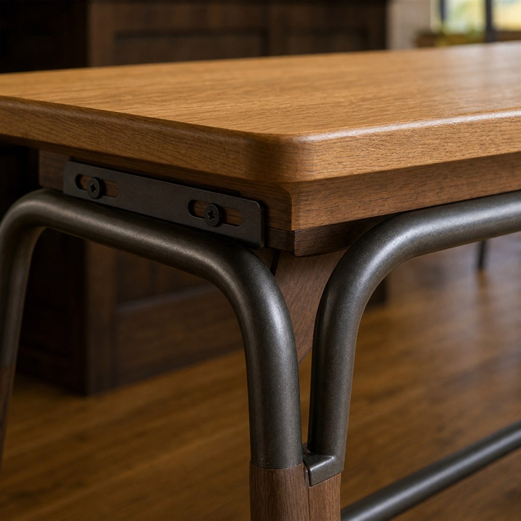 Counter Bench With an Oak Top and Steel Foot Rail - wood-to-steel interface detail