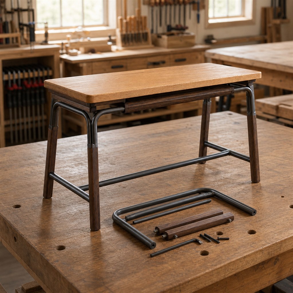 Counter Bench With an Oak Top and Steel Foot Rail - workshop dry-assembly view