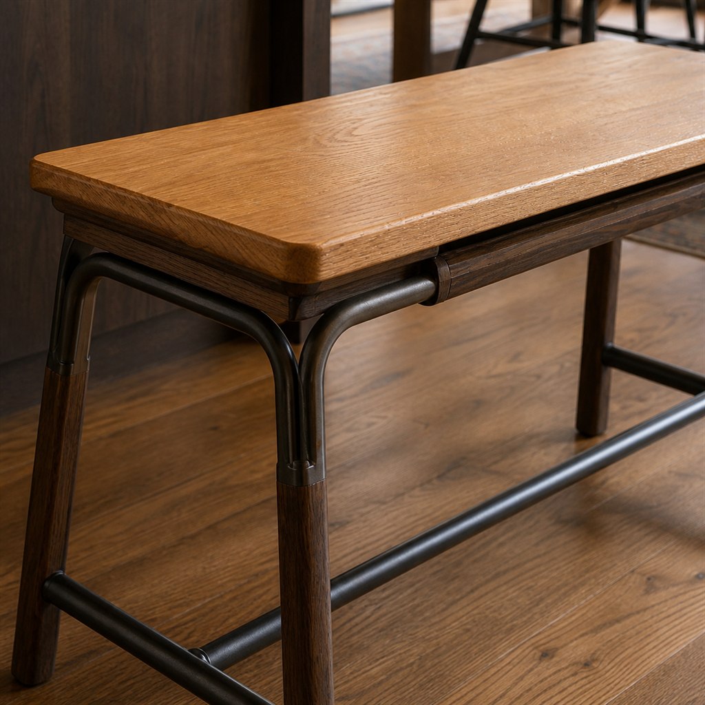 Counter Bench With an Oak Top and Steel Foot Rail - finished material detail