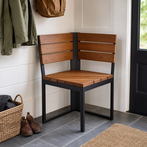 Corner Bench With a Wood Backrest and Steel Support Frame