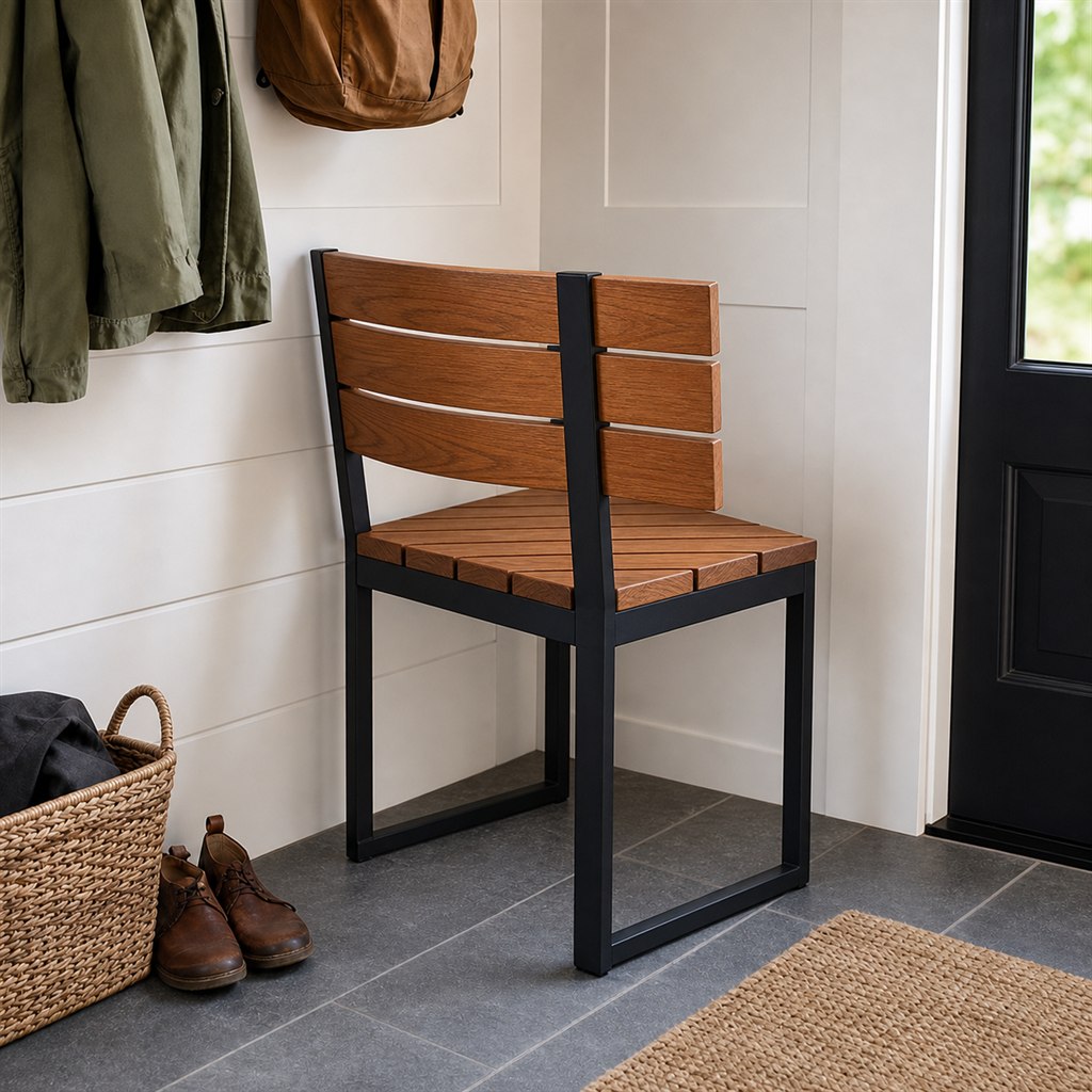 Corner Bench With a Wood Backrest and Steel Support Frame - alternate full view