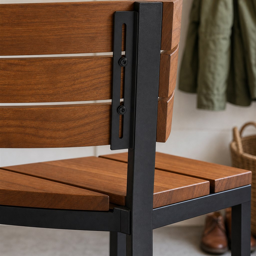 Corner Bench With a Wood Backrest and Steel Support Frame - wood-to-steel interface detail