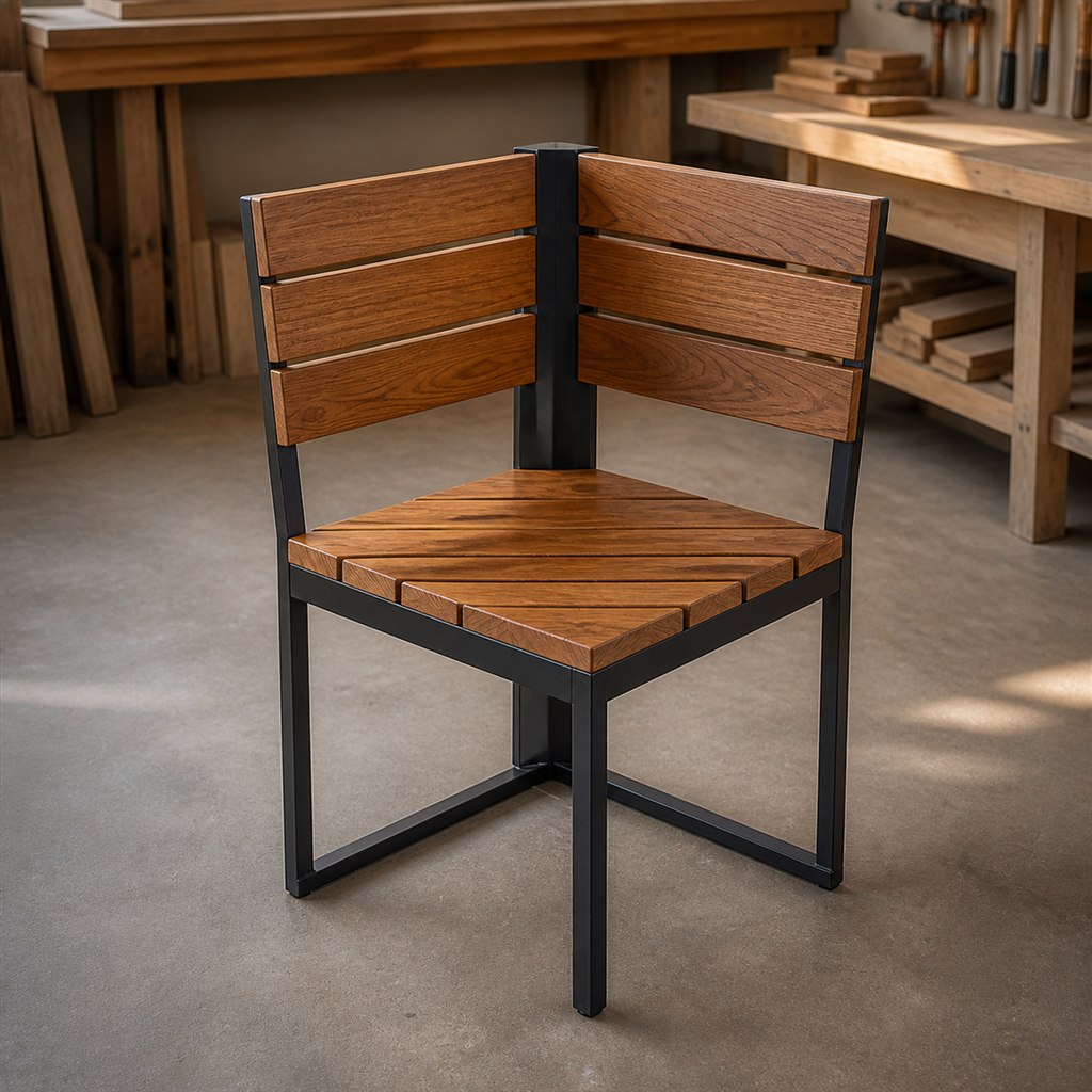 Corner Bench With a Wood Backrest and Steel Support Frame - workshop dry-assembly view
