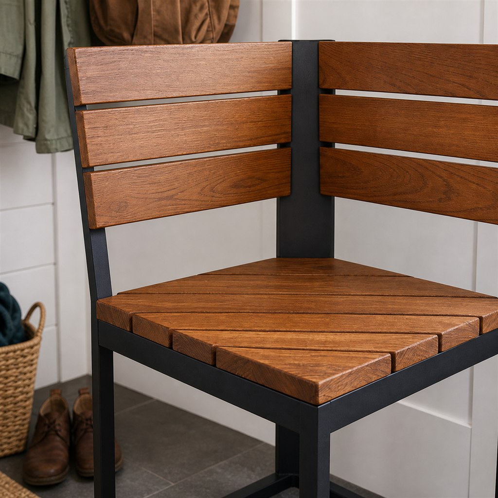 Corner Bench With a Wood Backrest and Steel Support Frame - finished material detail