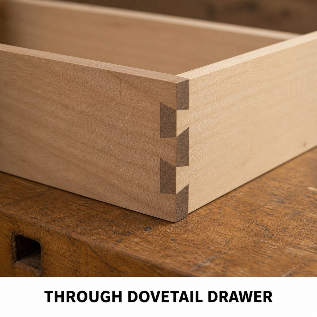 Photorealistic labeled example of Through Dovetail Drawer showing the woodworking connection.
