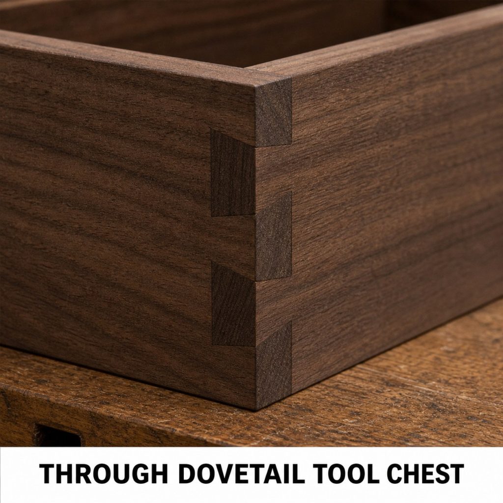 Photorealistic labeled example of Through Dovetail Tool Chest showing the woodworking connection.