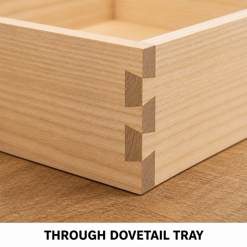 Photorealistic labeled example of Through Dovetail Tray showing the woodworking connection.