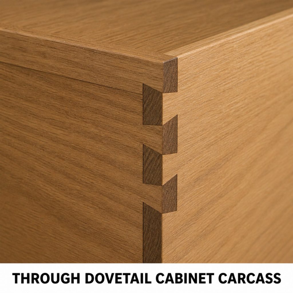 Photorealistic labeled example of Through Dovetail Cabinet Carcass showing the woodworking connection.