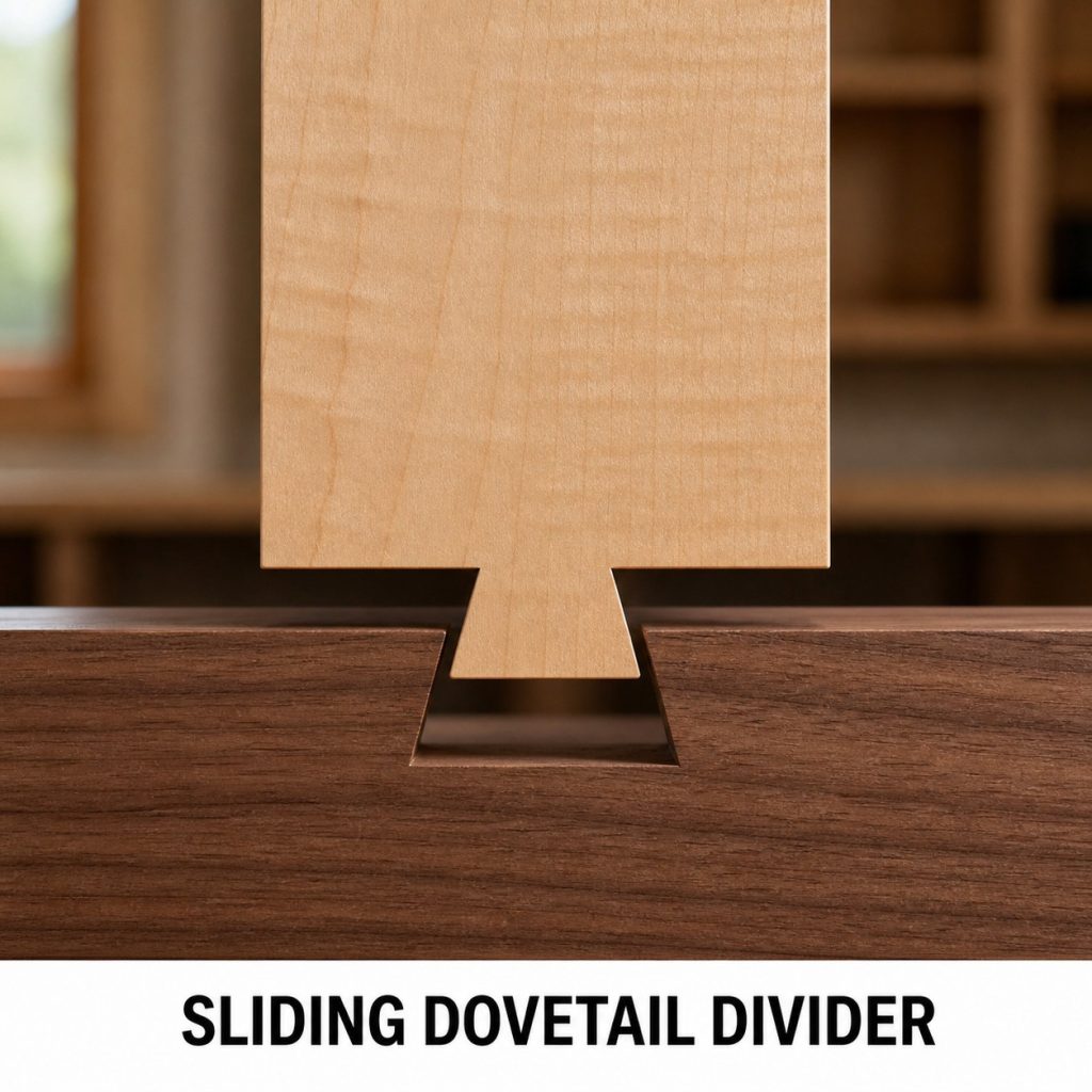 Photorealistic labeled example of Sliding Dovetail Divider showing the woodworking connection.