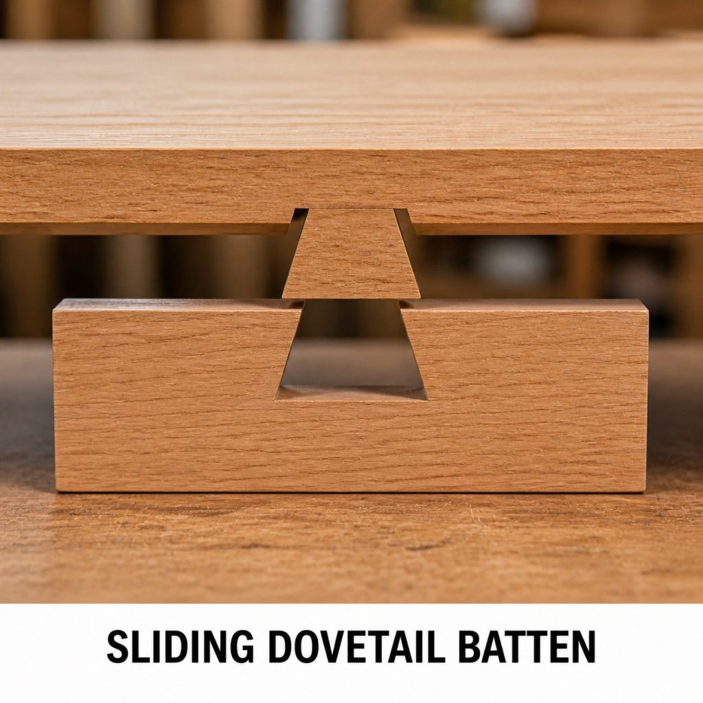 Photorealistic labeled example of Sliding Dovetail Batten showing the woodworking connection.
