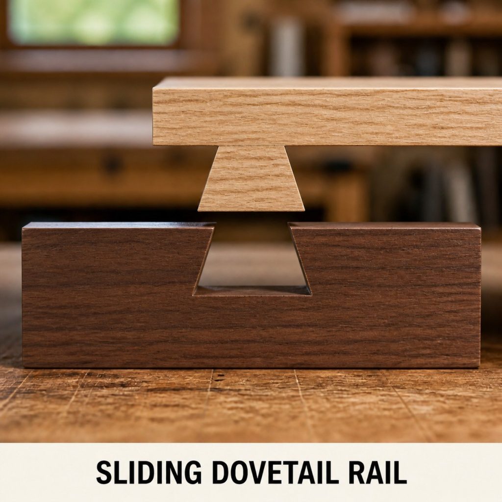 Photorealistic labeled example of Sliding Dovetail Rail showing the woodworking connection.