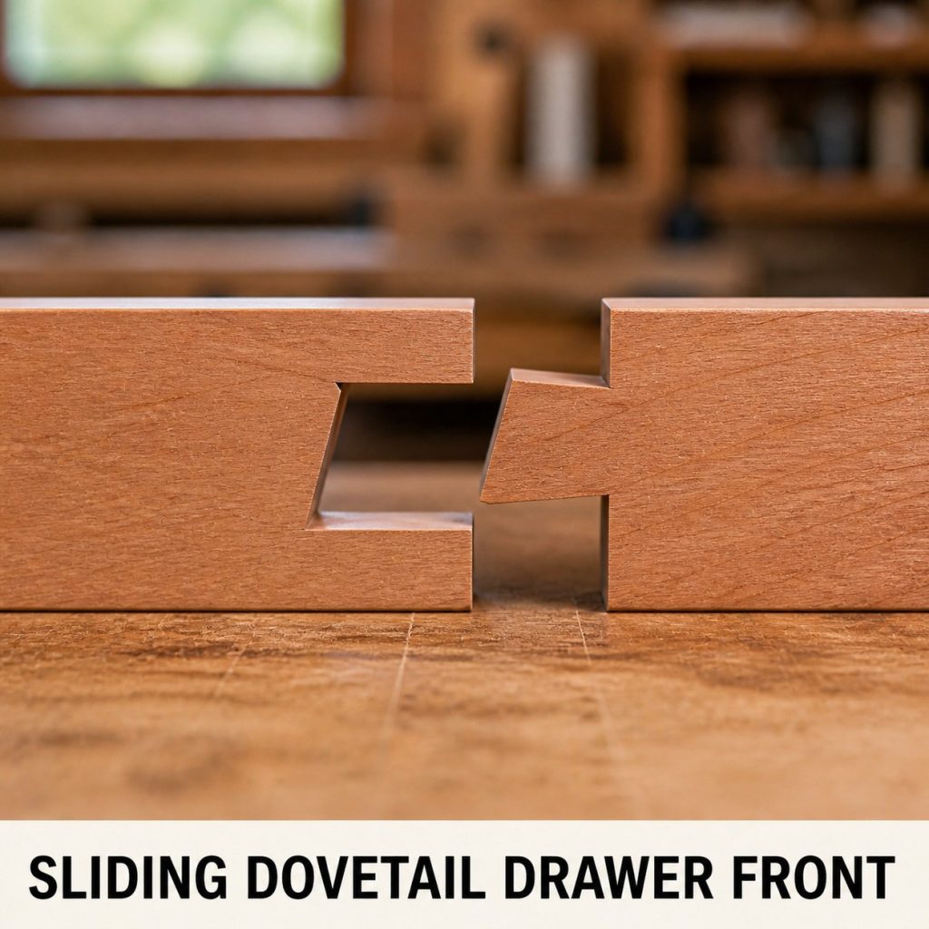 Photorealistic labeled example of Sliding Dovetail Drawer Front showing the woodworking connection.
