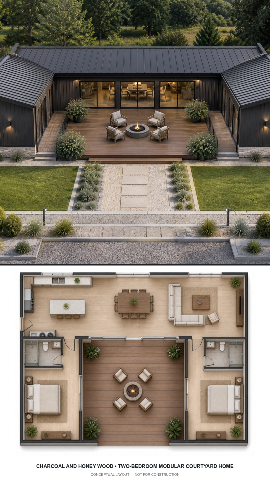 Charcoal and Honey Wood Two-Bedroom Modular Courtyard Home exterior and furnished conceptual floor plan