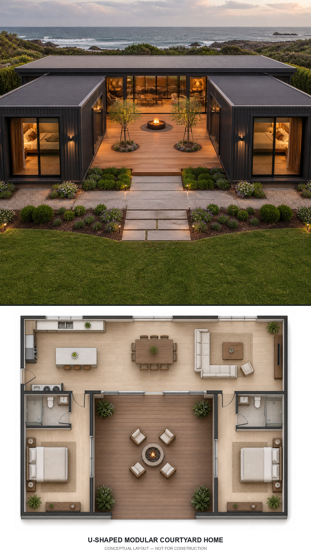 U-Shaped Modular Courtyard Home exterior and conceptual floor plan