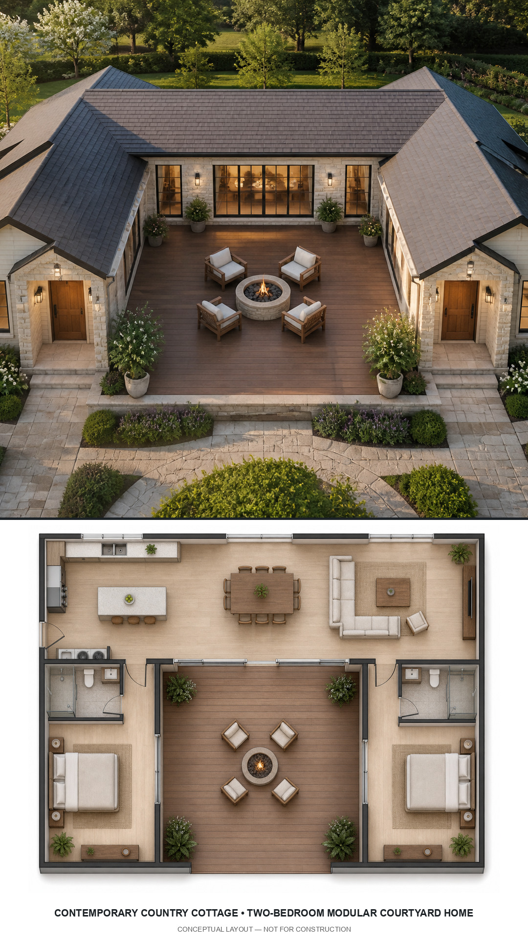 Contemporary Country Cottage Two-Bedroom Modular Courtyard Home exterior and furnished conceptual floor plan