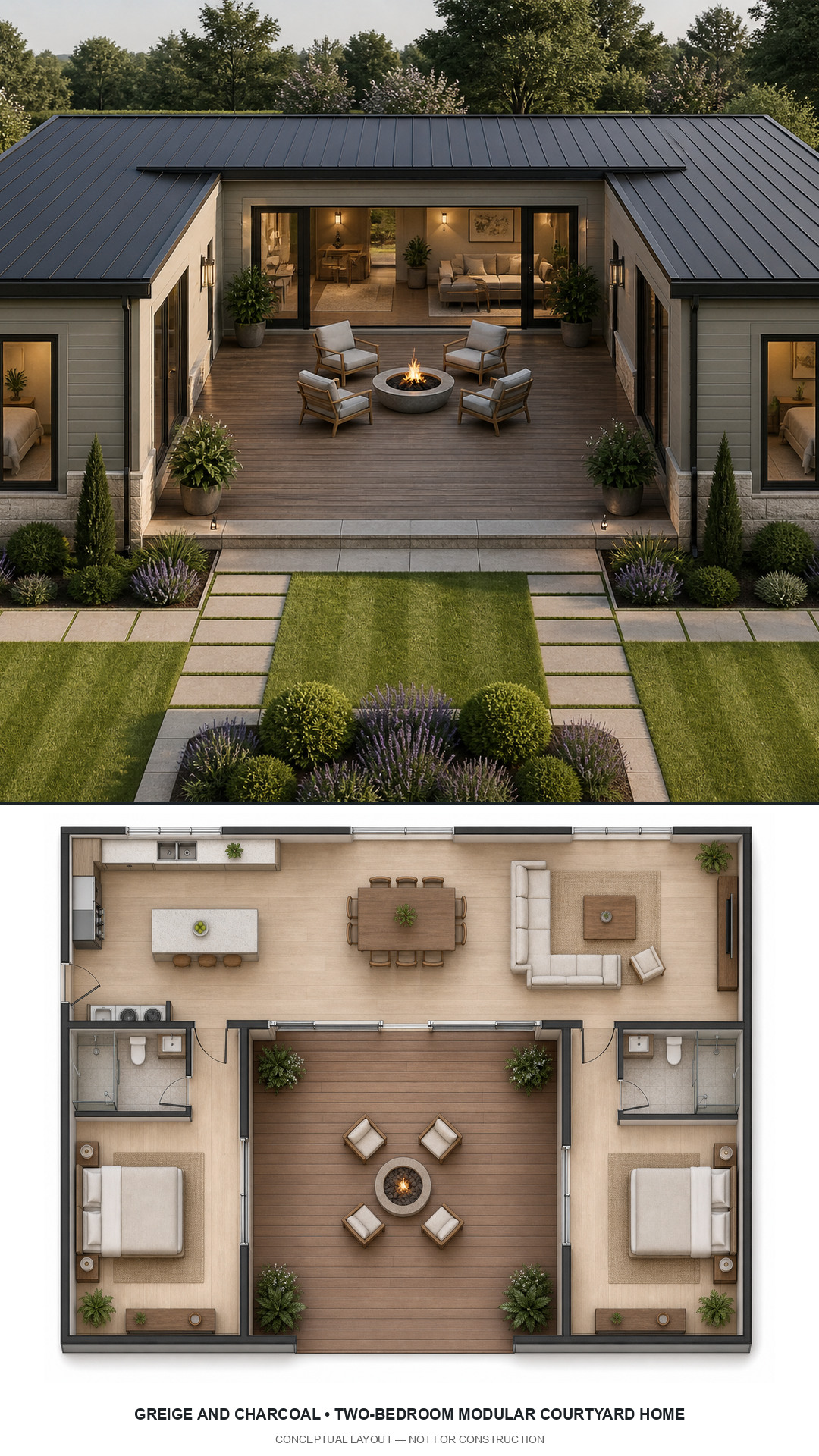 Greige and Charcoal Two-Bedroom Modular Courtyard Home exterior and furnished conceptual floor plan