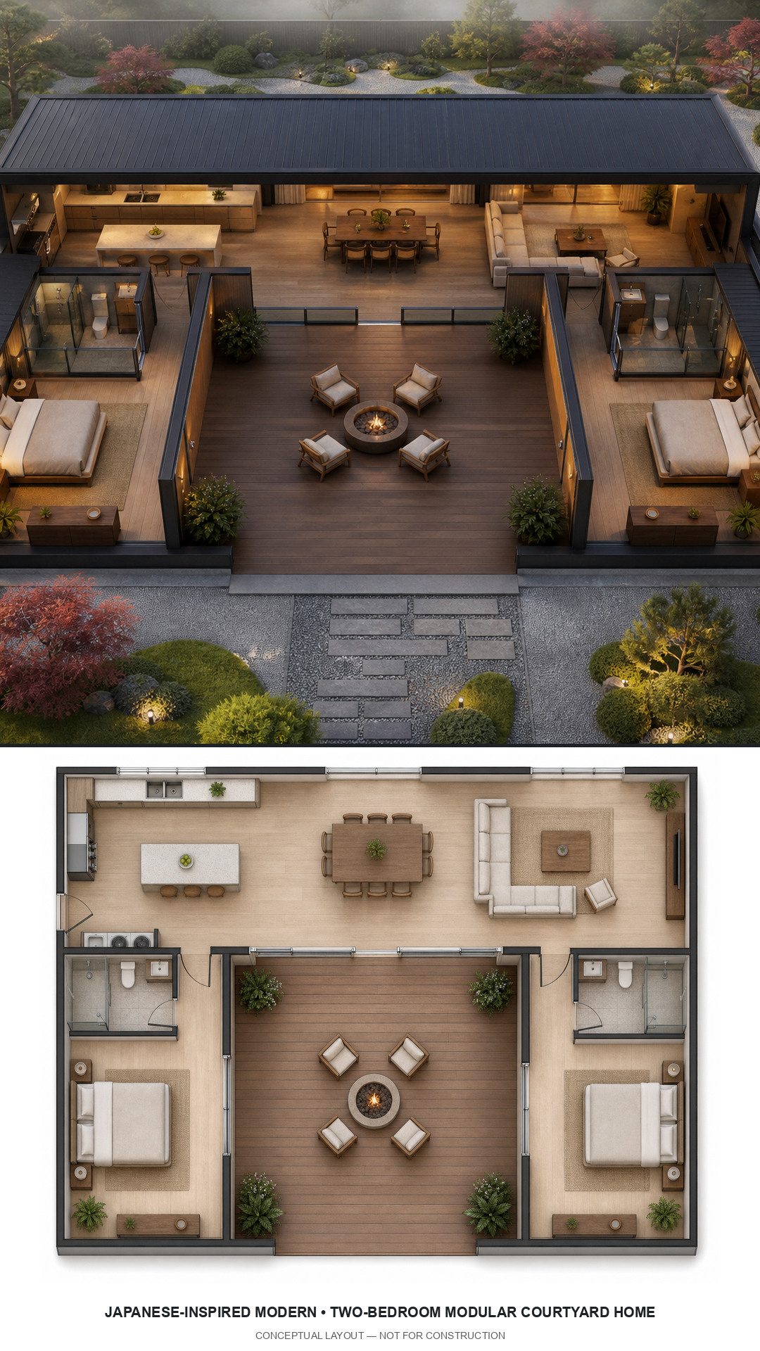 Japanese-Inspired Modern Two-Bedroom Modular Courtyard Home exterior and furnished conceptual floor plan