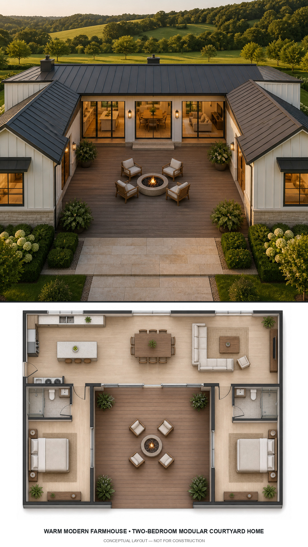 Warm Modern Farmhouse Two-Bedroom Modular Courtyard Home exterior and furnished conceptual floor plan