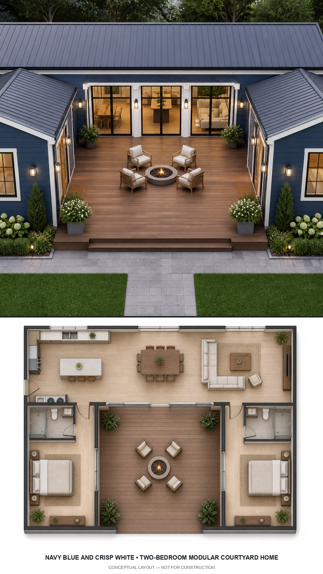 Navy Blue and Crisp White Two-Bedroom Modular Courtyard Home exterior and furnished conceptual floor plan
