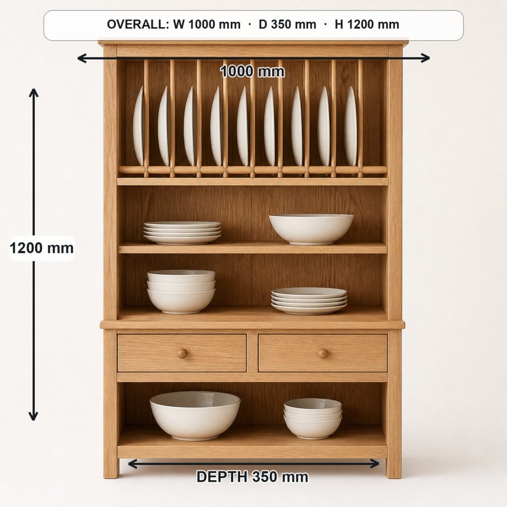 white-oak plate display hutch front elevation and overall proportions, overall dimensions 1000 mm wide × 350 mm deep × 1200 mm high