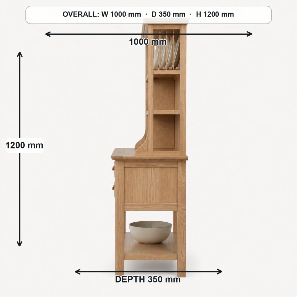 white-oak plate display hutch side elevation and depth, overall dimensions 1000 mm wide × 350 mm deep × 1200 mm high