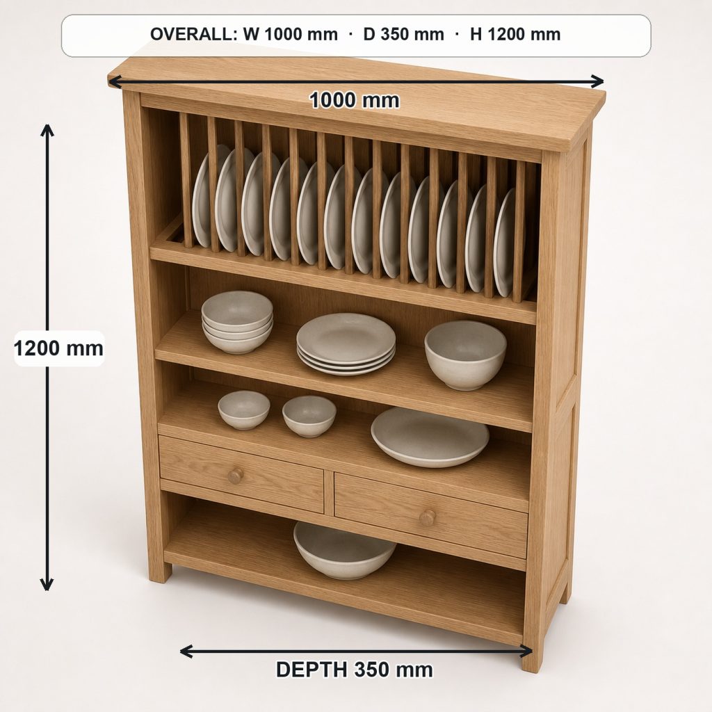 white-oak plate display hutch top view and usable surface, overall dimensions 1000 mm wide × 350 mm deep × 1200 mm high