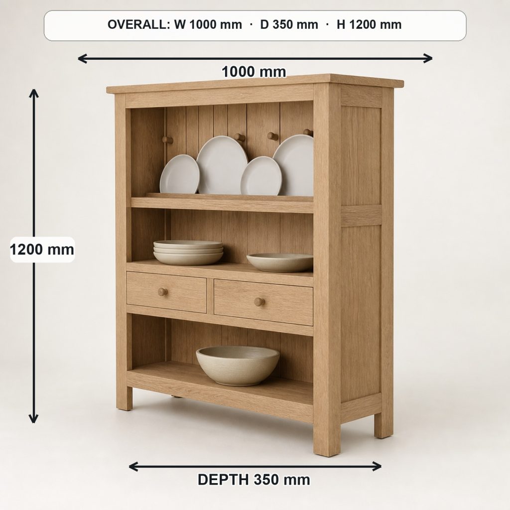 white-oak plate display hutch rear construction and support, overall dimensions 1000 mm wide × 350 mm deep × 1200 mm high