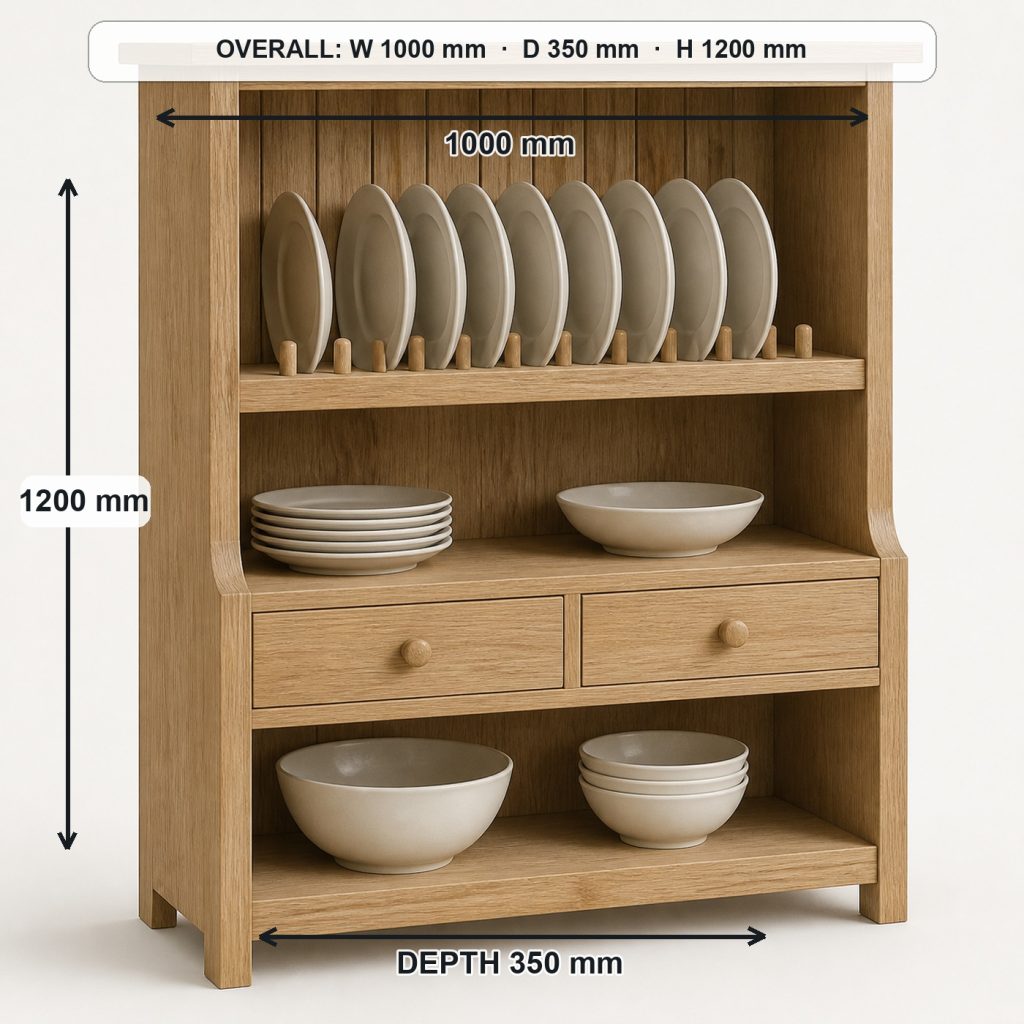 white-oak plate display hutch primary joinery detail, overall dimensions 1000 mm wide × 350 mm deep × 1200 mm high